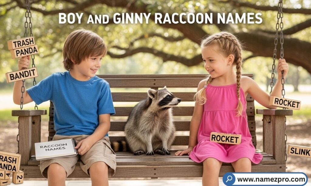 A male and female raccoon pair on a wooden fence, showcasing funny raccoon names for boys and girls.