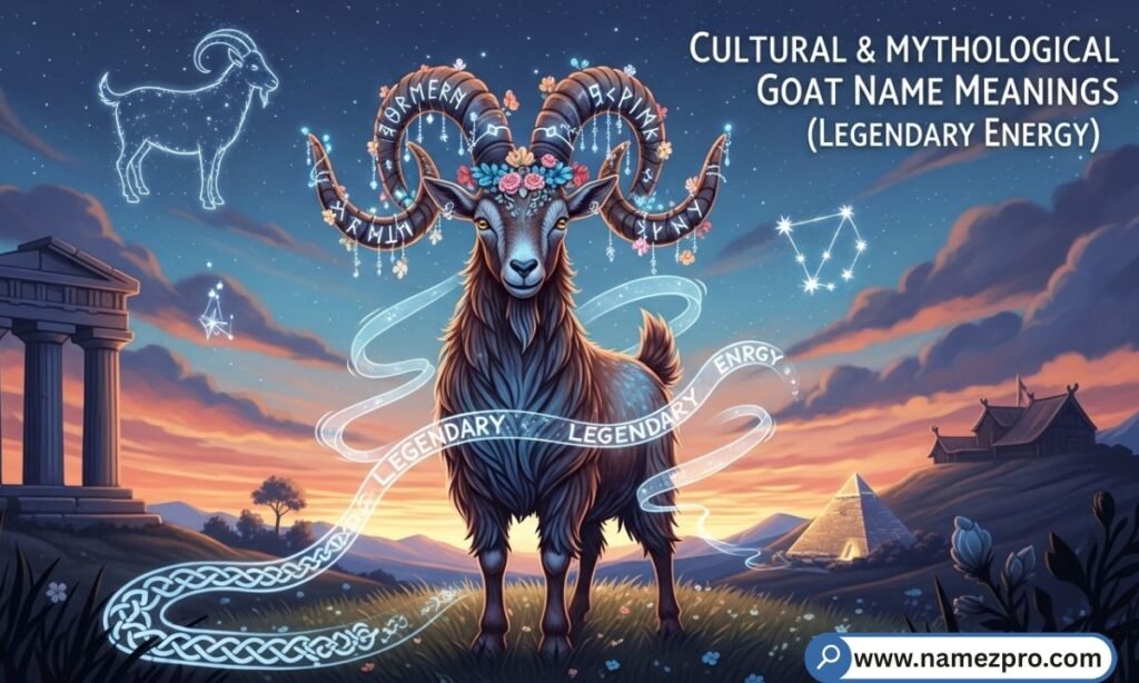 Mythological goat names list with majestic horned goat on farm, cultural and legendary goat name ideas 2026