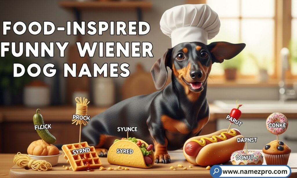 Food-inspired funny Wiener dog names list with cute sausage dog illustration and hot dog themed name ideas