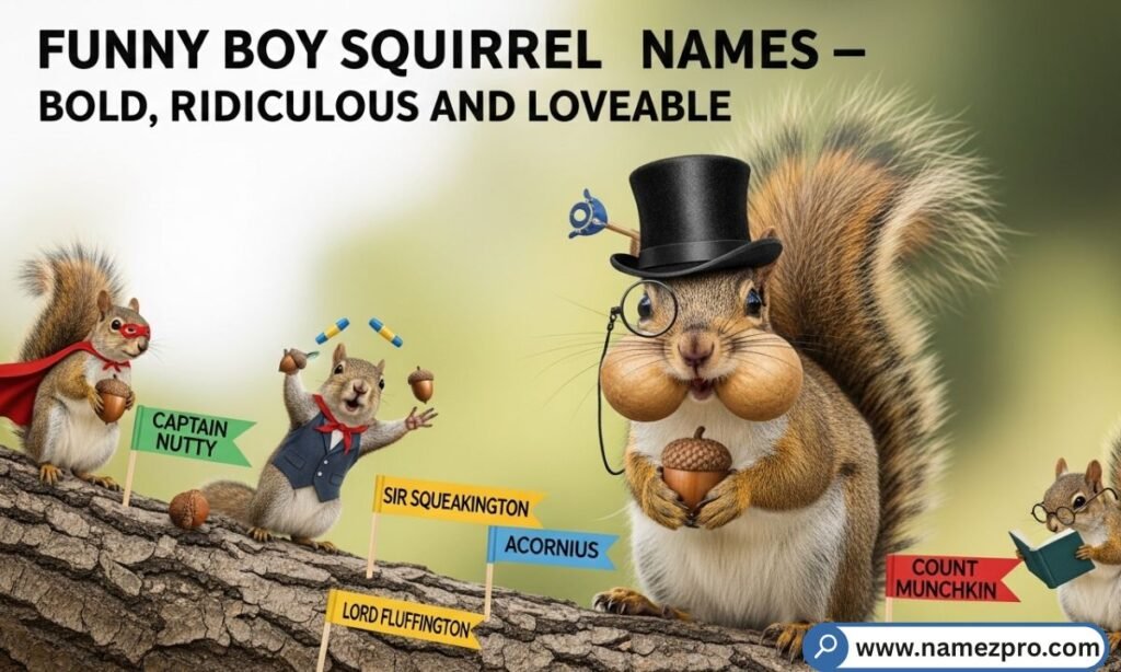 A bold boy squirrel flexing on a tree branch surrounded by funny boy squirrel names that are ridiculous, loveable, and laugh-out-loud hilarious.
