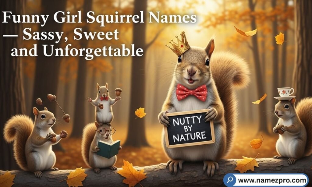 A cute girl squirrel with a bow surrounded by funny girl squirrel names that are sassy, sweet, and totally unforgettable in 2026.
