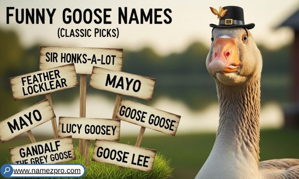 Classic funny goose names list featuring hilarious and pun-inspired Funny Geese Names for pet geese and farmyard birds