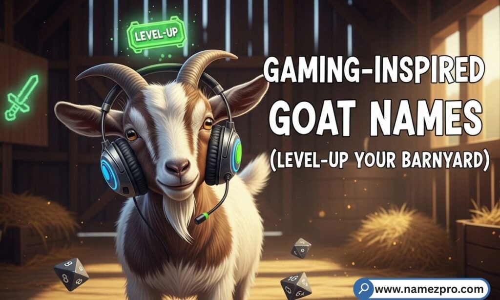 Gaming-inspired goat names list with playful goat on farm, funny video game themed goat name ideas 2026