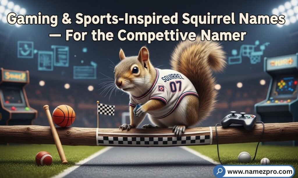A squirrel holding a game controller and sports ball surrounded by funny gaming and sports inspired squirrel names like LeNuts James and NutTendo 2026.
