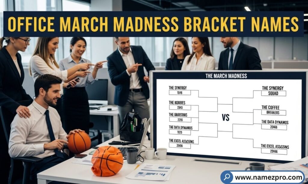 Office March Madness bracket names 2026 — funny and clever NCAA tournament team name ideas perfect for workplace bracket pools
