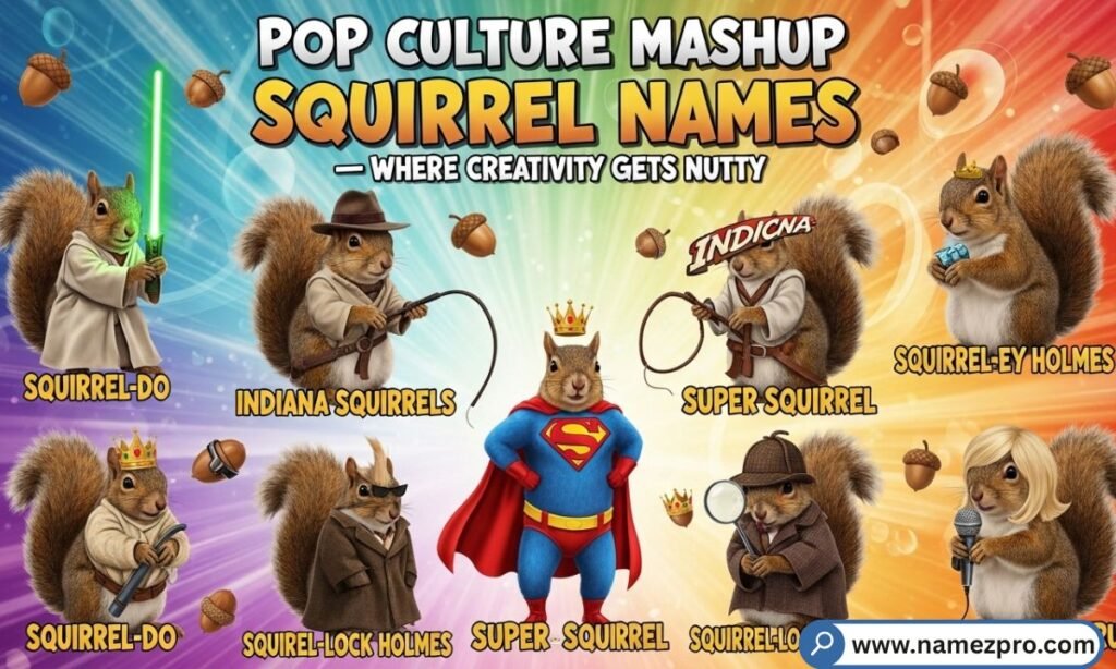 A squirrel dressed in pop culture costumes surrounded by funny mashup squirrel names like Nutalie Portman and Elon Muskrat for 2026.
