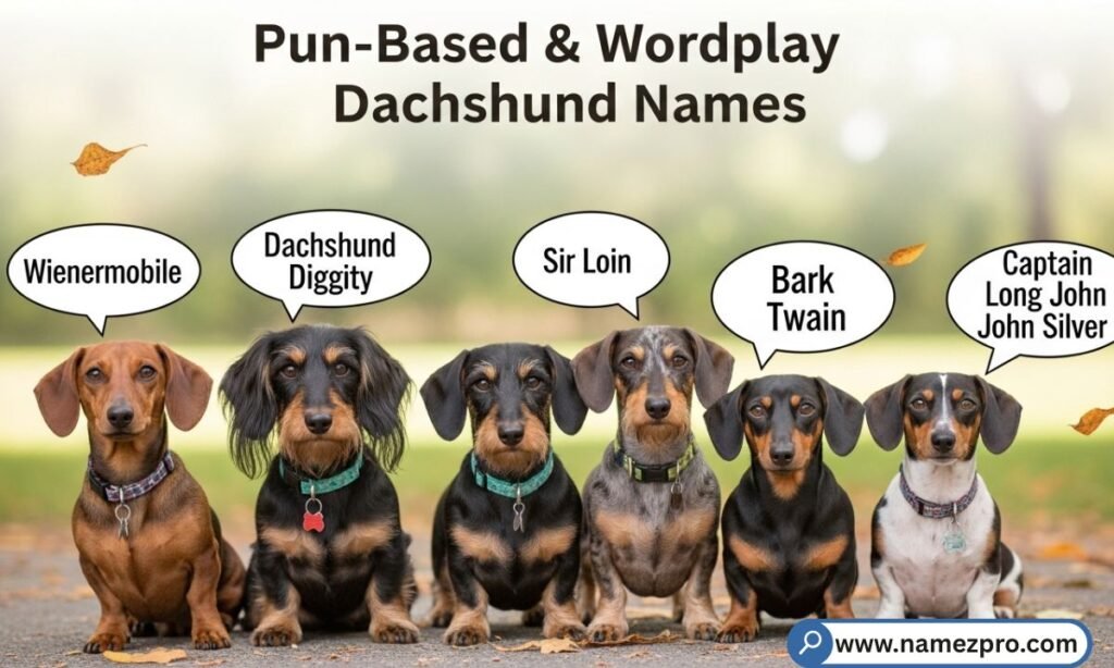 Pun-based Dachshund names with witty wordplay ideas for sausage dogs, clever funny names, and playful wiener dog picks