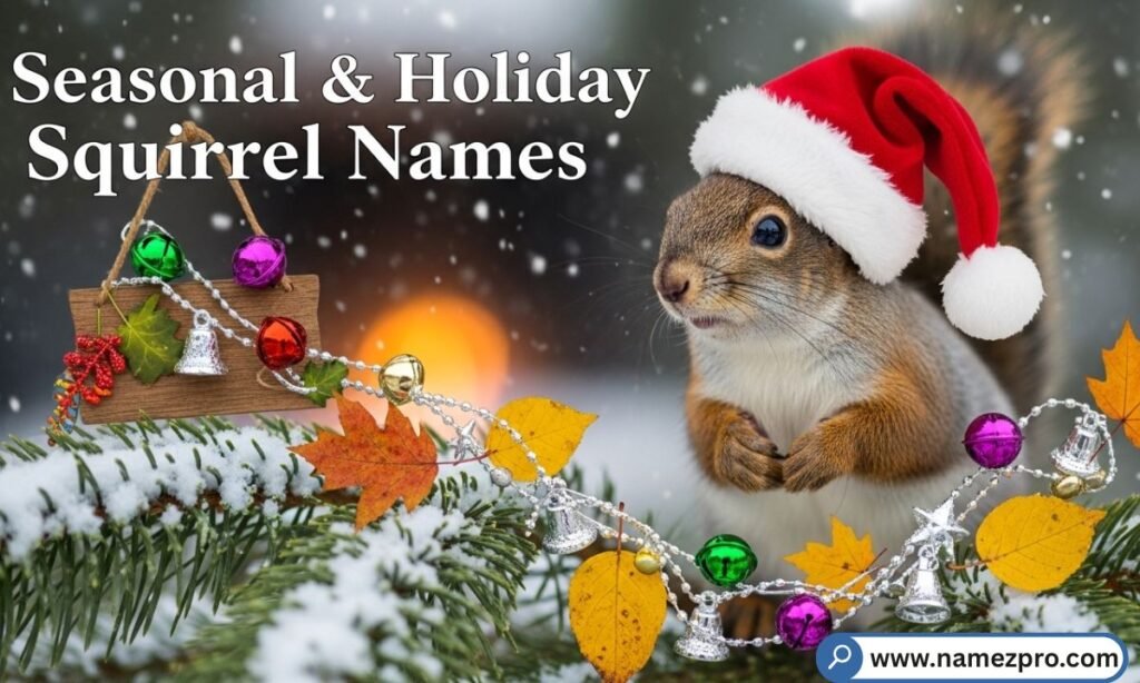 A squirrel surrounded by fall leaves, pumpkins, and holiday decorations with funny seasonal squirrel names like Pumpkin Tail and Hazel Witch for 2026.
