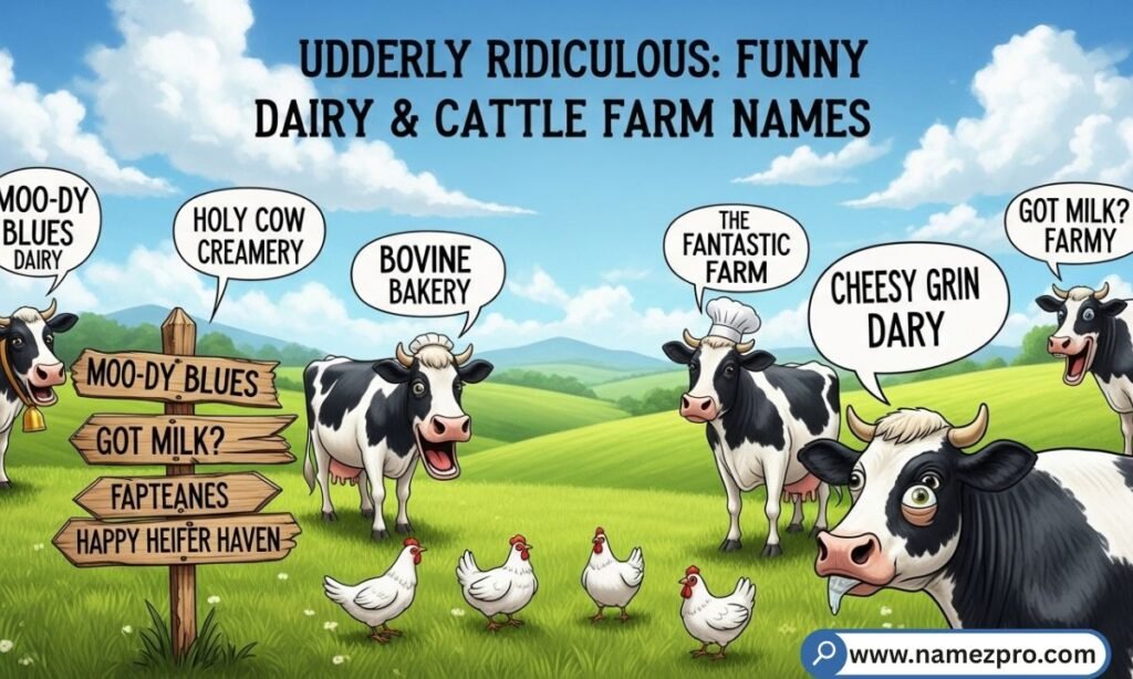 A cute cow with a flower in its mouth standing near a sign for funny dairy farm names in a daisy moo meadow.