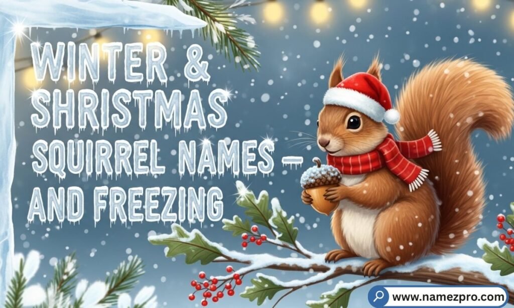 A fluffy squirrel wearing a Santa hat surrounded by funny winter and Christmas squirrel names like Frosty McNut and Jingle Cheeks for 2026.
