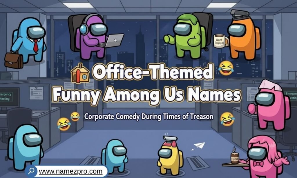 Office-Themed Funny Among Us Names โ hilarious workplace-inspired Among Us usernames like HR Sus, Printer Jam, and Zoom Muted to troll coworkers and friends