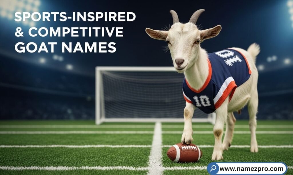 Sports-inspired goat names list with athletic goat on farm, funny competitive goat name ideas 2026
