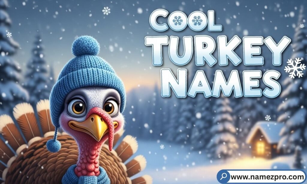 Cool Turkey Names list featuring stylish, bold, and modern turkey names like Frosty Feathers and Captain Gobble for 2026
