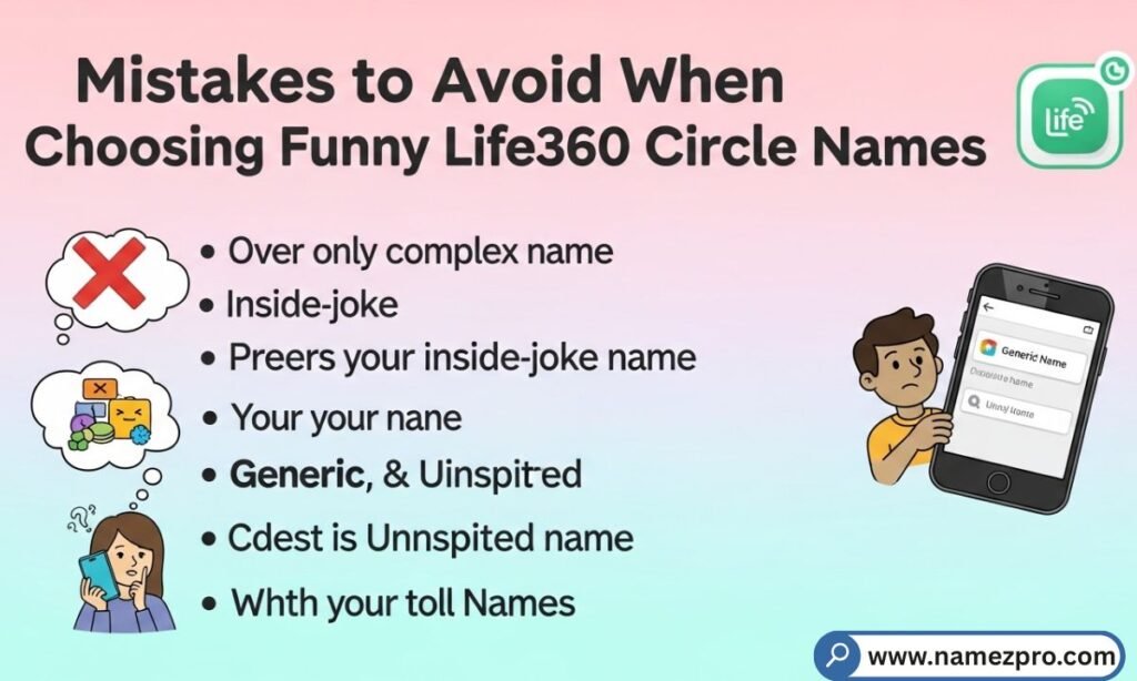 Mistakes to avoid when choosing Funny Life360 Circle Names shown on phone with warning icons and checklist