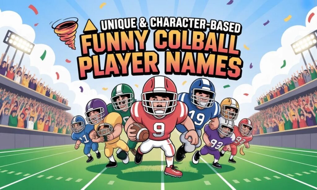 unique character‑based funny college football player names illustration with bold text and laughing emoji