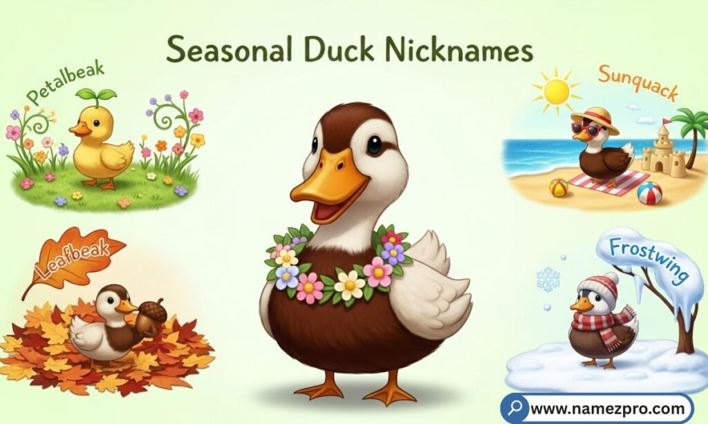 Seasonal Duck Nicknames list featuring spring, summer, autumn, and winter duck name ideas including Spring Quackers, Summer Splash, Autumn Waddle, and Winter Waddleton.