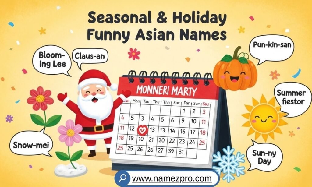 Seasonal and holiday funny Asian names for teams, featuring creative winter, summer, festival, and celebration-themed Asian team name ideas