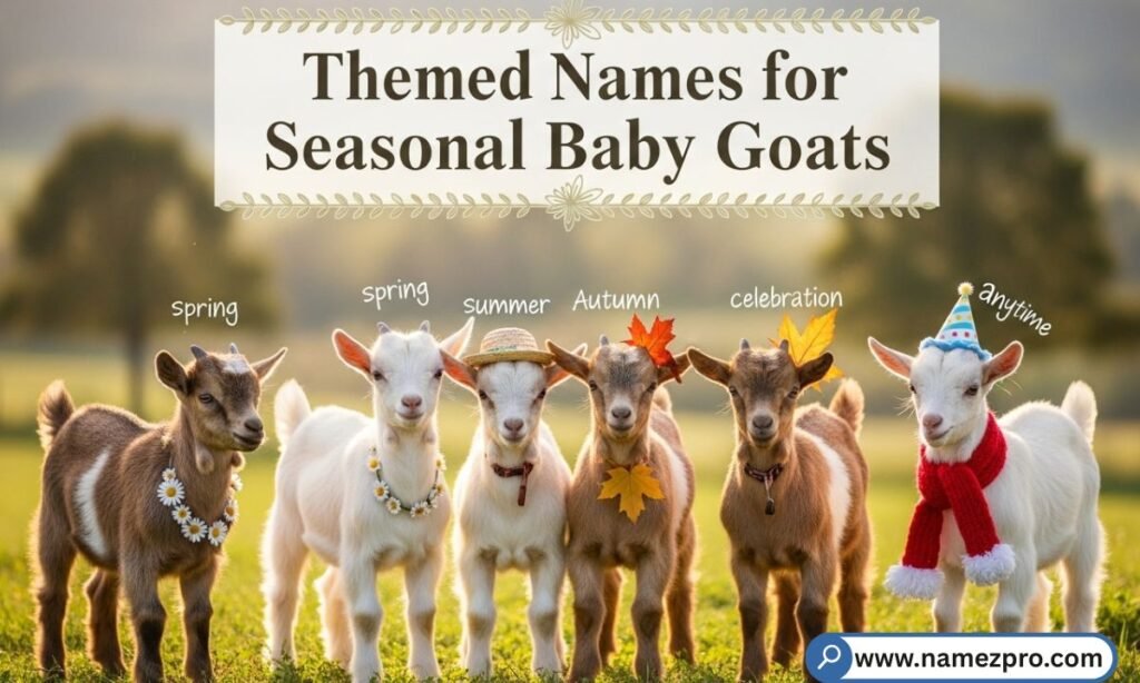 Seasonal baby goat names list with spring kid goat on farm, cute holiday and themed goat name ideas 2026