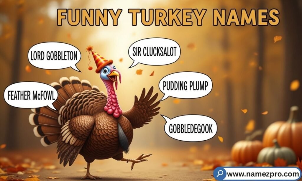 Funny Turkey Names list featuring clever, punny, and laugh-out-loud gobble-inspired turkey names for Thanksgiving and pets