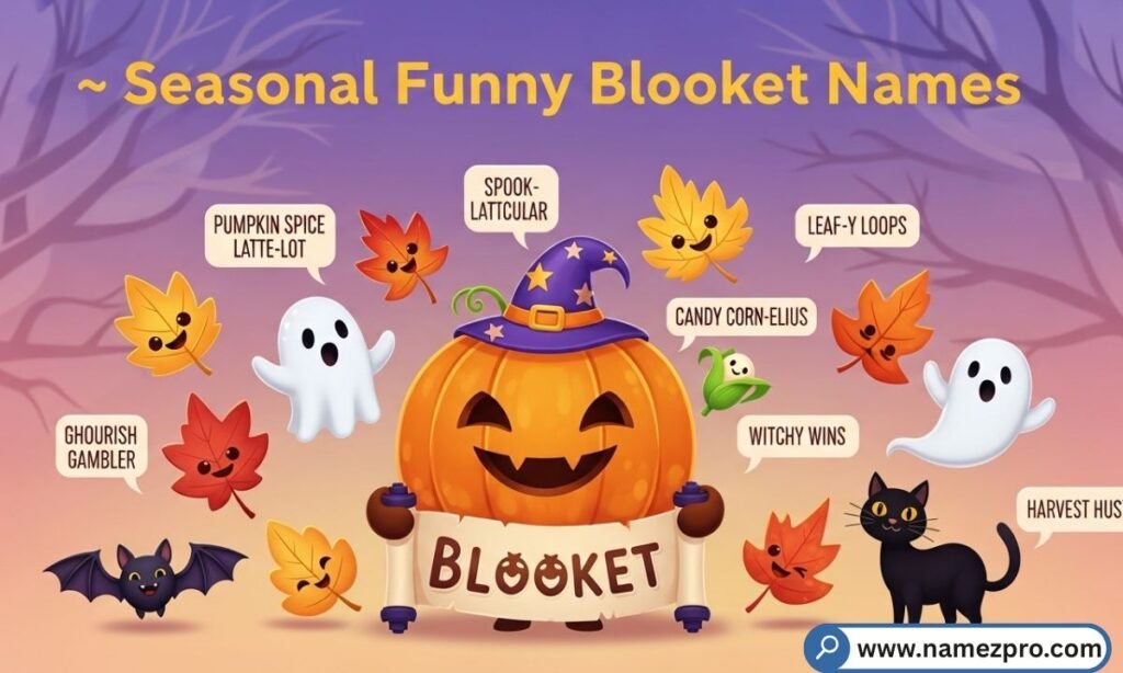 Seasonal Funny Blooket Names list with Halloween, Christmas, and festive-themed unbannable game usernames