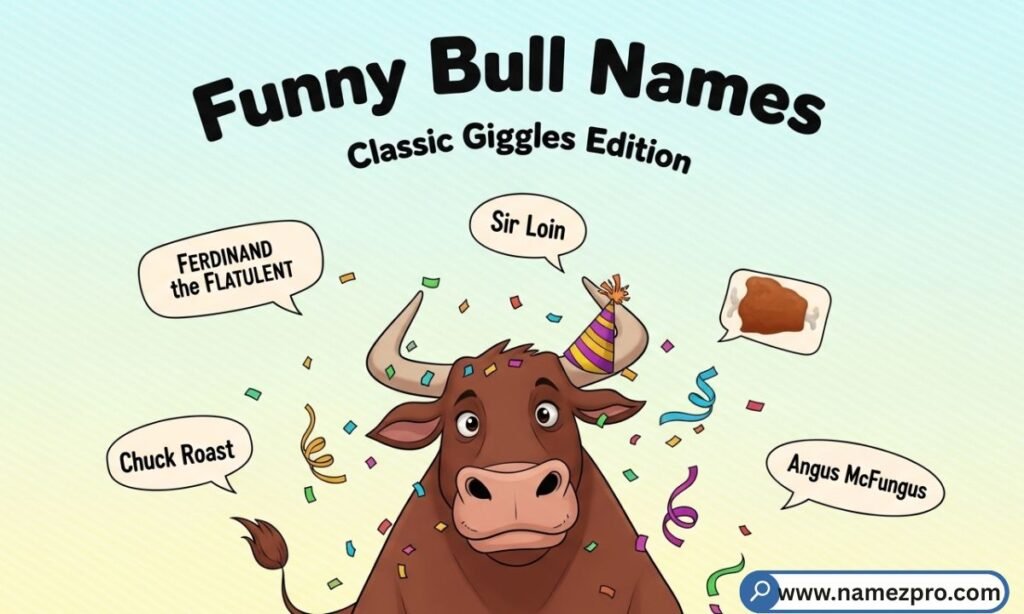 Classic funny bull names list featuring hilarious, punny, and playful bull name ideas for farm animals, pets, and mascots in 2026