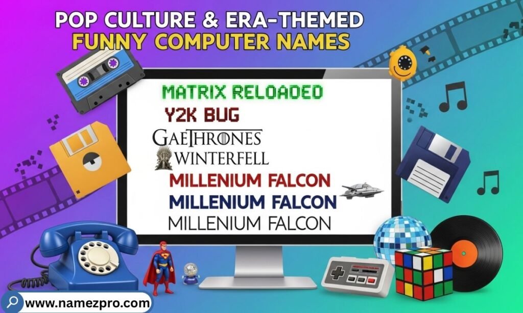 Pop culture and retro themed funny computer names displayed on a vibrant desktop screen with vintage and