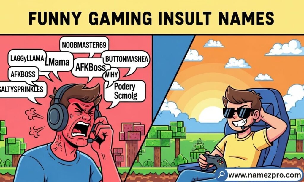 Funny Gaming Insult Names list for roasting friends and gaming rivals during online matches, fantasy leagues, and game nights