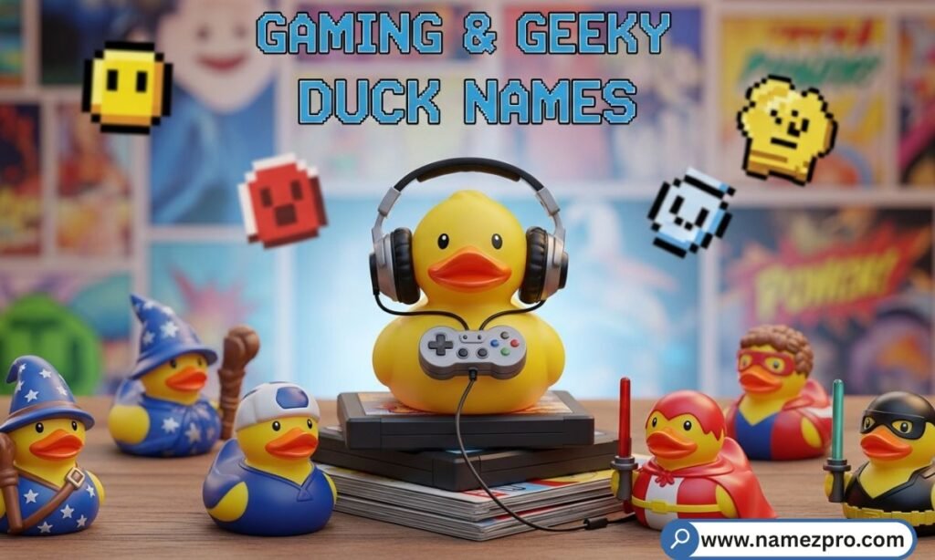 Gaming and Geeky Duck Names list featuring funny duck names inspired by video games and pop culture including Quackachu, Mario Quackers, Lara Quackcroft, and Minecraft Mallard.