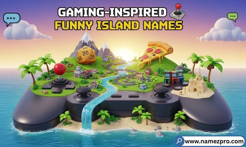 Gaming-Inspired Funny Island Names featuring creative gamer island names, Animal Crossing island ideas, pixel island names, loot island names, and squad island names