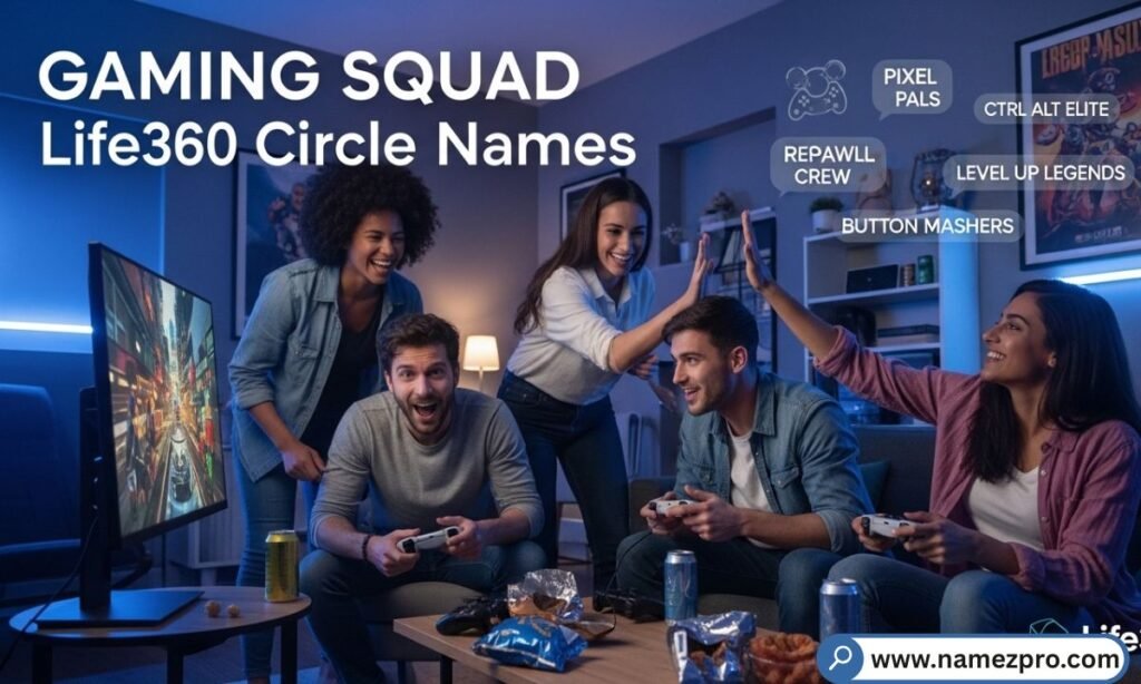 Gaming squad Life360 circle names displayed on a smartphone with controller icons and pixel art background