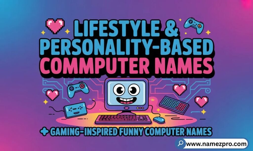 Gaming and geeky funny computer names displayed on a stylish PC setup with colorful neon lights and playful tech graphics