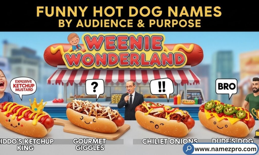 Funny Hot Dog Names by audience and purpose featuring brand names, party names, team names, and creative hot dog name ideas for food trucks and events in 2026