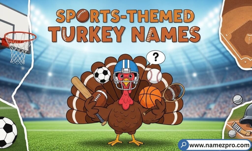 Sports-Themed Turkey Names featuring fun, competitive, and clever turkey names like Touchdown Tom and Drumstick Quarterback for 2026