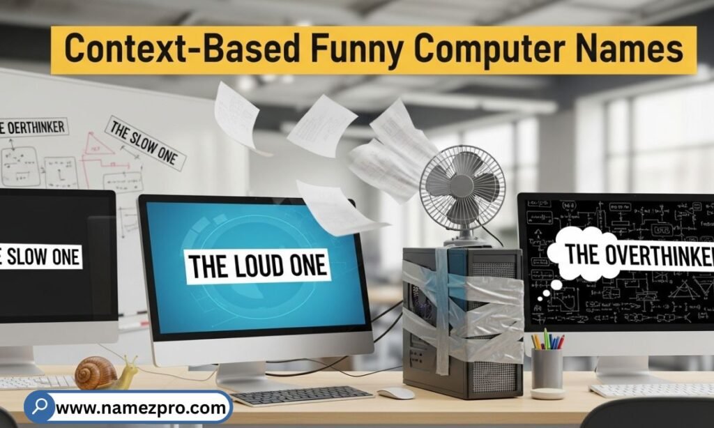 Context-based funny computer names featured on a modern office desk with a desktop PC and clean professional setup