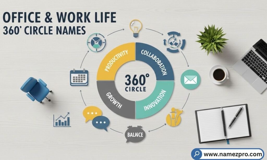 Office and work Life360 circle names shown on a phone screen with coffee mugs and office icons in background