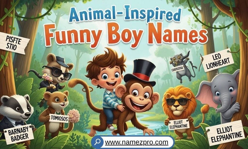 animal-inspired funny boy names list featuring monkey, panda, sloth, squirrel, and cute animal boy name ideas