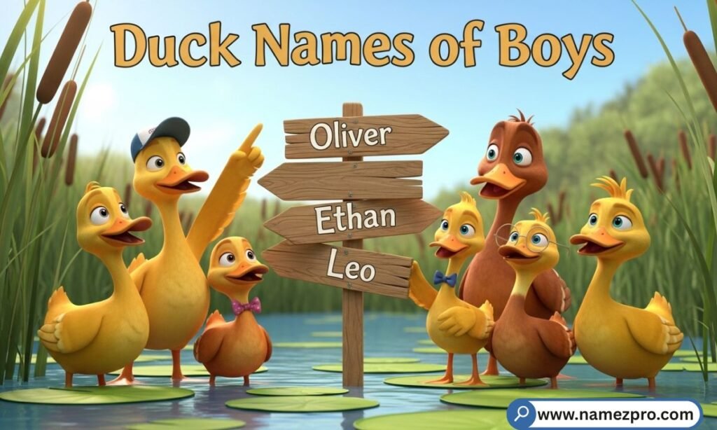 Boy Duck Names list featuring funny, cool, and unique male duck name ideas for pet ducks including Sir Quacksalot, Benny Beak, Max Quackwell, and Captain Beakman.