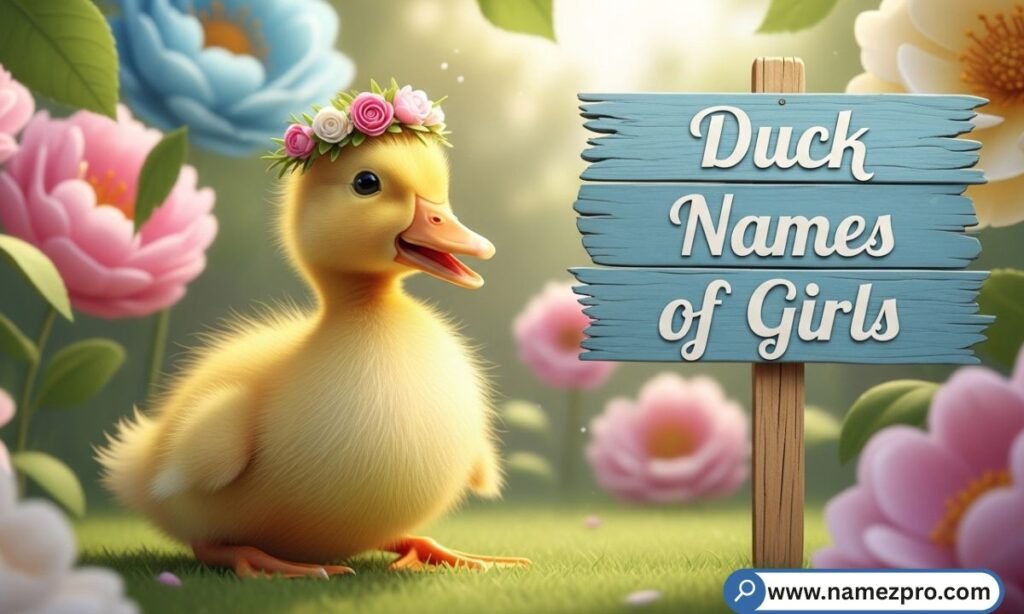 Girl Duck Names list featuring cute, funny, and unique female duck name ideas for pet ducks including Quacklyn, Bella Beak, Daisy Mae, and Miss Quackie.