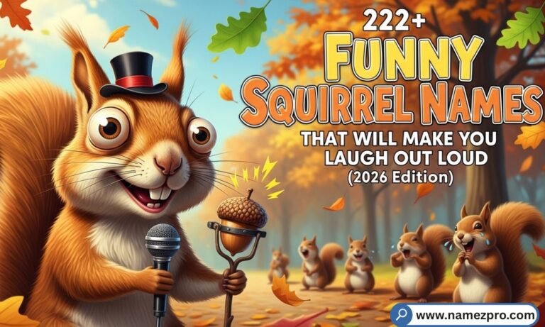 A funny squirrel holding an acorn with 222+ hilarious squirrel names listed for pets and backyard squirrels in 2026.
