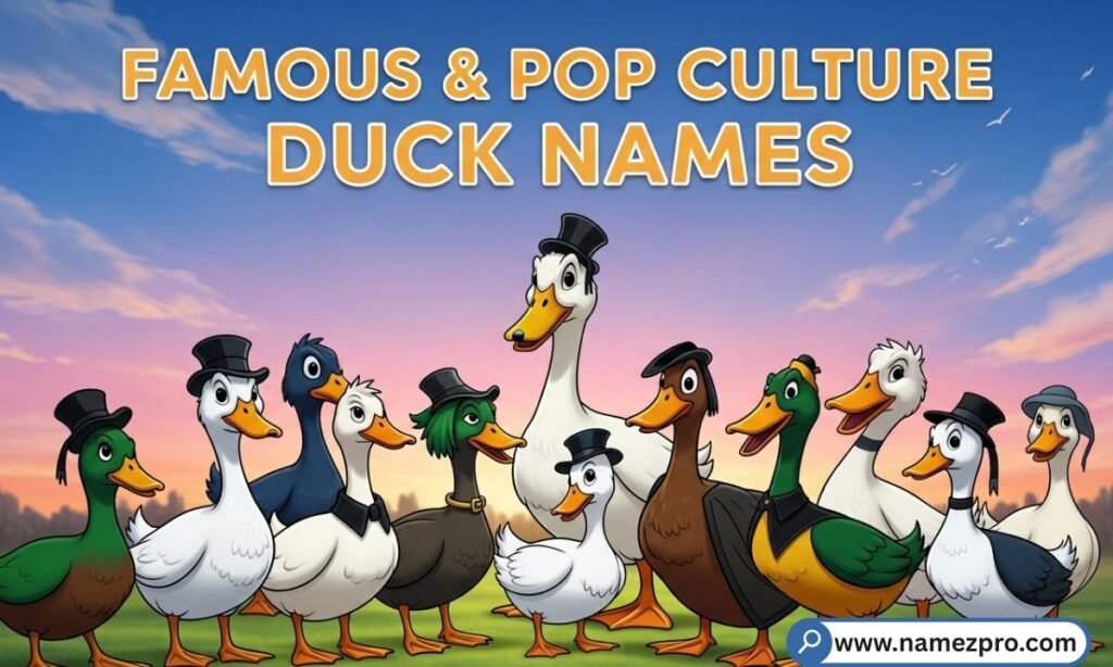 Famous and Pop Culture Duck Names list featuring Donald Duck, Daffy Duck, Darkwing Duck, Scrooge McDuck, Quackula and other funny duck names inspired by cartoons, movies, and TV.