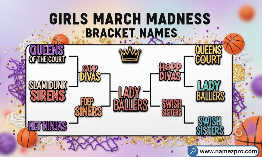Girls March Madness bracket names 2026 — cute, fierce & creative NCAA tournament team name ideas for women's bracket pools
