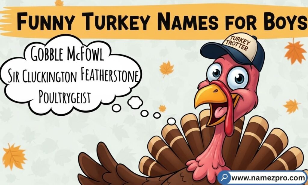 Funny Turkey Names for Boys featuring clever, punny, and laugh-out-loud turkey name ideas like Tom the Turkey and Cluck Norris for 2026
