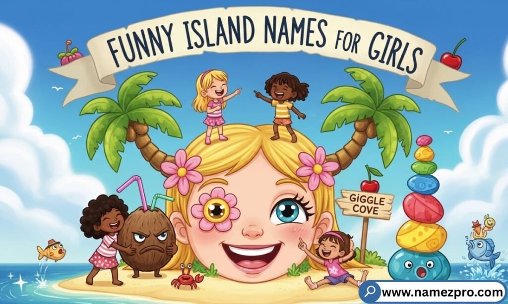 Funny Island Names for Girls featuring cute, aesthetic, pink, sparkle, and creative island name ideas for gaming and Animal Crossing