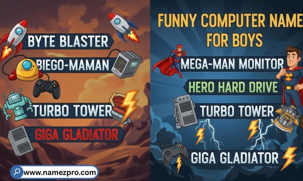 Funny computer names for girls and boys shown on a colorful desktop screen with playful icons and personalized tech themes