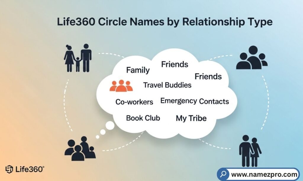 Life360 circle names by relationship type for family, friends, couples and siblings shown on tracking app screen