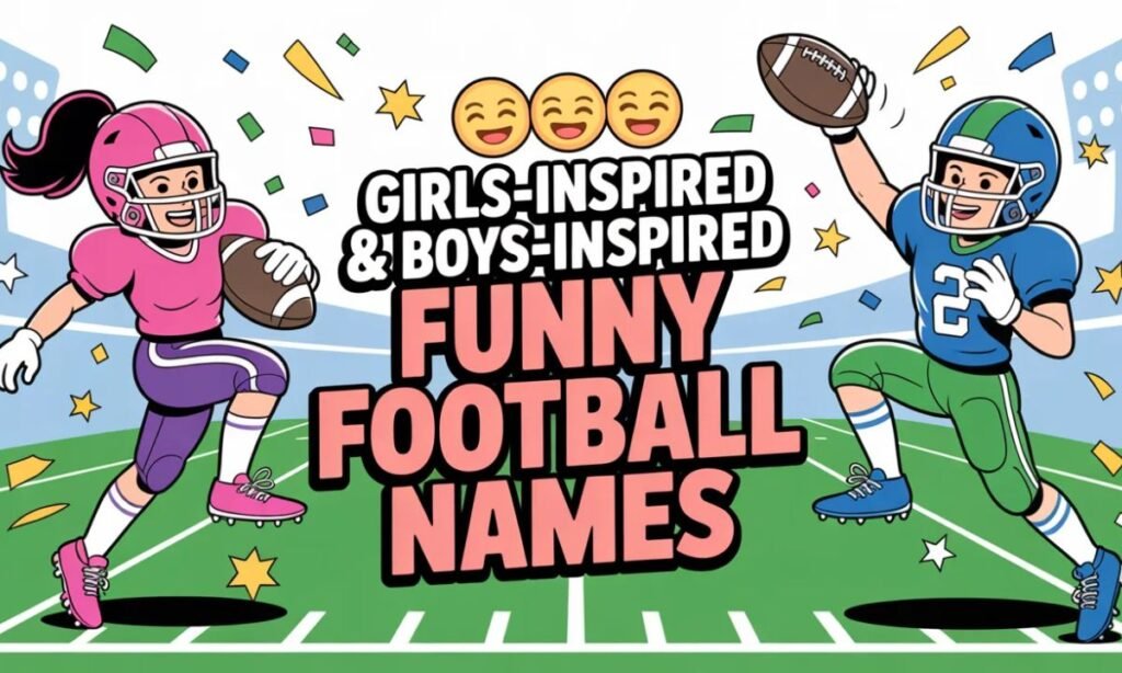 girls‑inspired and boys‑inspired funny football player names graphic with school icons and playful typography