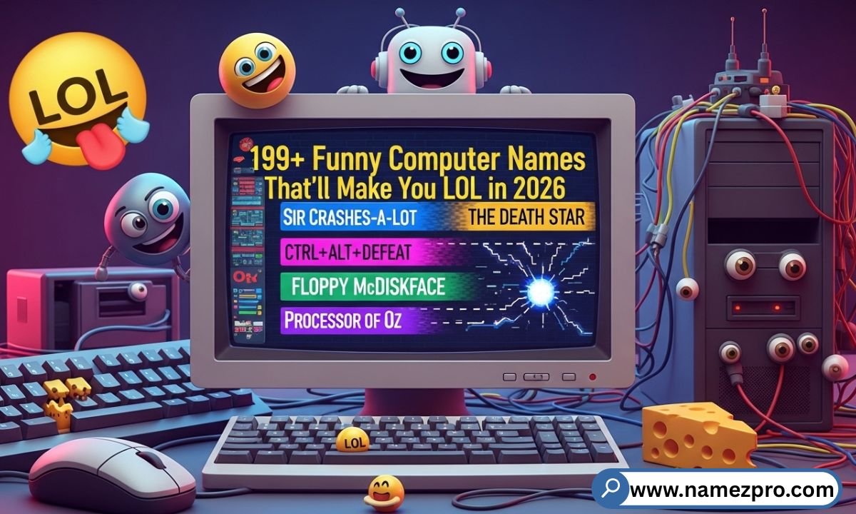 Funny computer names list displayed on a modern desktop screen with colorful tech icons and playful design for a 2026 humor blog post