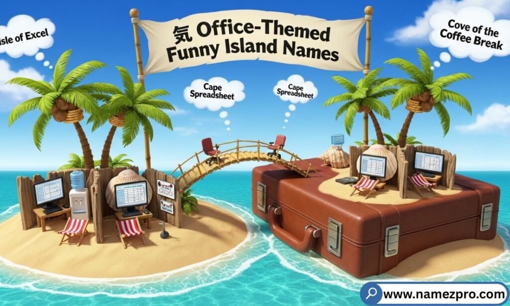 Office-Themed Funny Island Names featuring corporate humor island names, cubicle island names, coffee break island ideas, and funny team island names