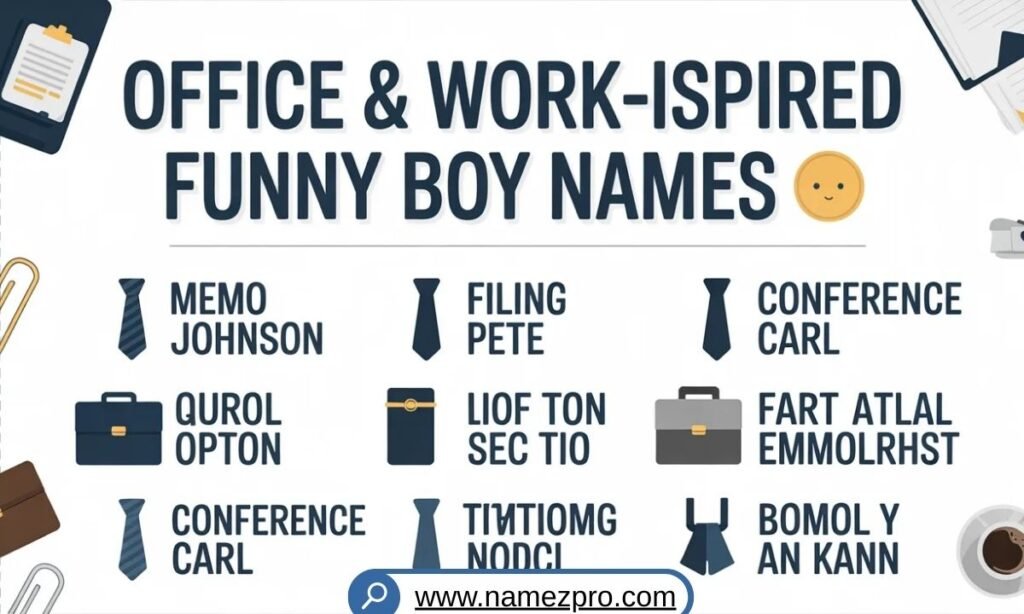 office and work-inspired funny boy names list featuring corporate, job, meeting, and workplace humor name ideas