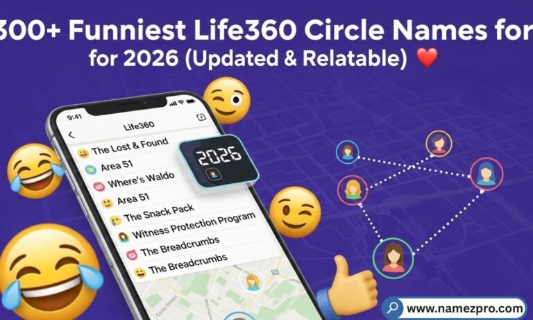 Funny Life360 Circle Names list for 2026 shown on phone screen with friends group chat and location tracking map